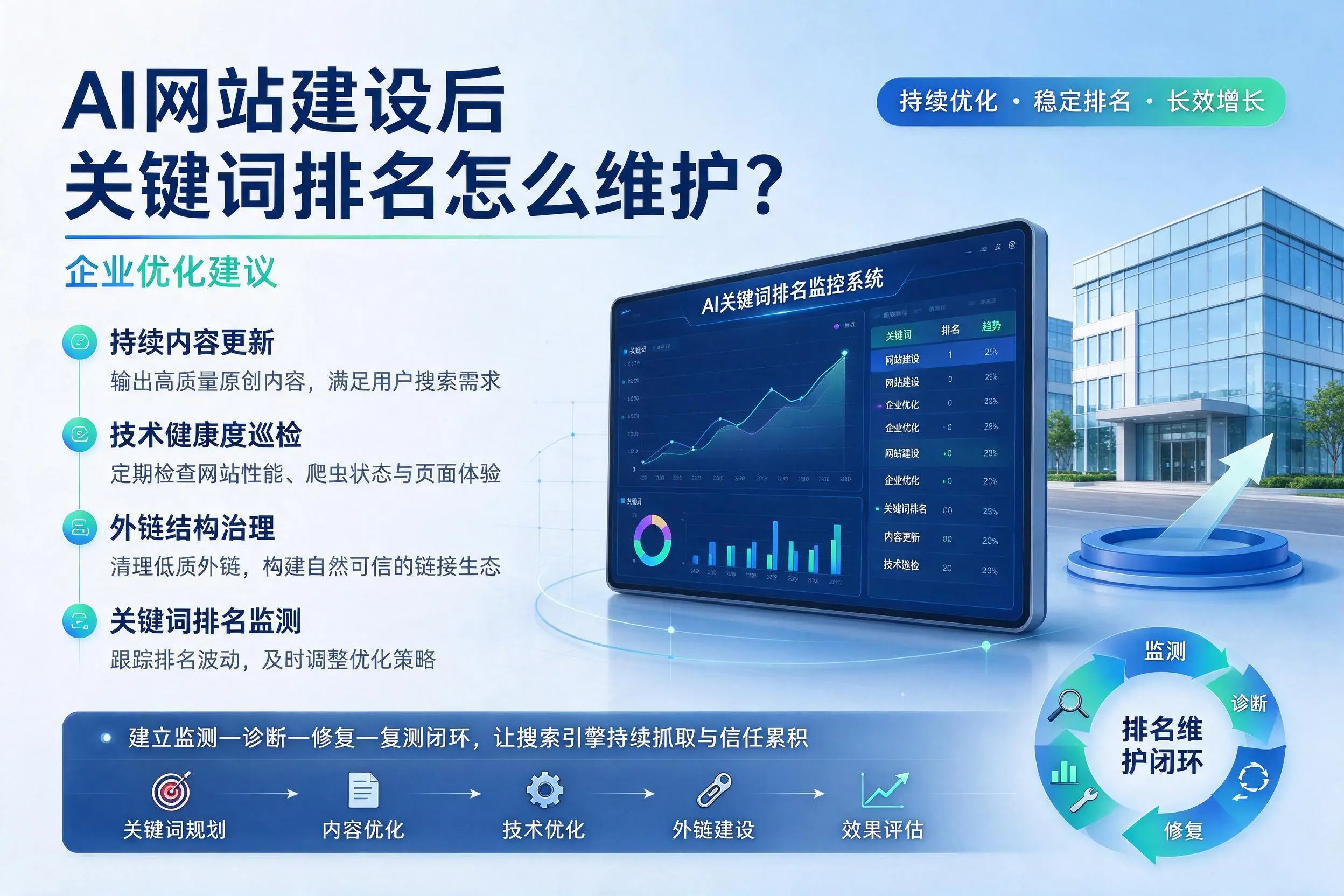 AI网站建设后关键词排名怎么维护？文昌企业优化建议